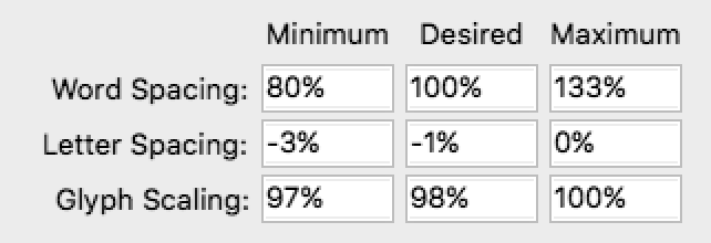Part of the InDesign (CS6) Justification settings dialog for “Normal tighter” style.
