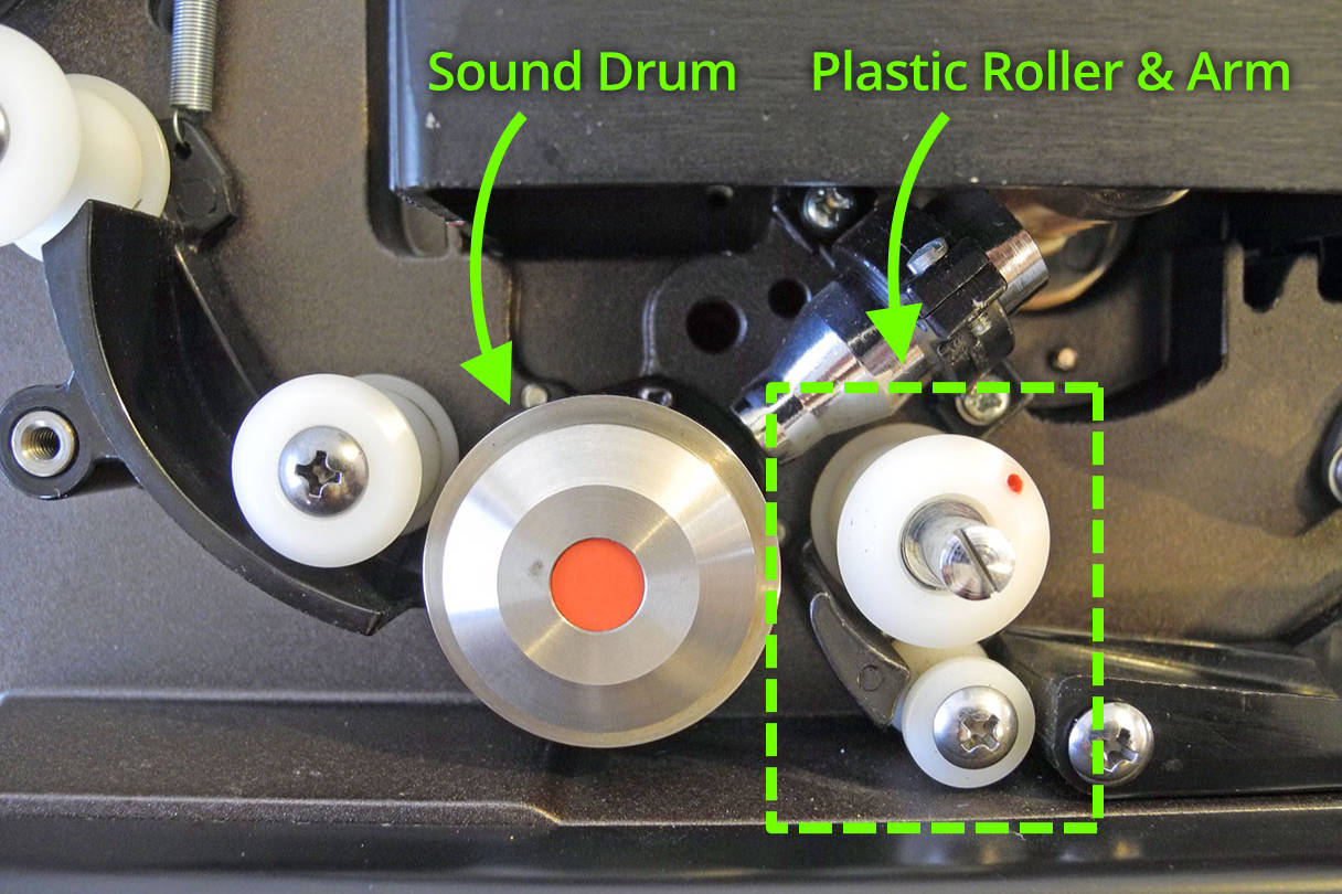 photo of sound drum and pivoting plastic pressure roller